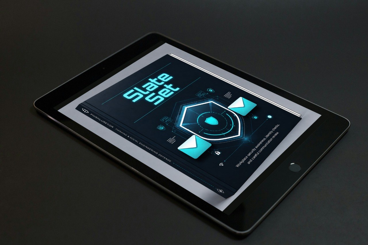 tablet with 'Edge Asset' displayed on the screen, against a blurred background.