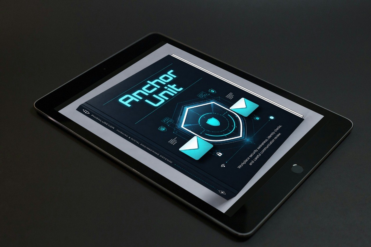 A black tablet device angled on a dark surface, displaying a futuristic digital interface with the text 'Anchor Unit' in glowing cyan and geometric icons on the screen.