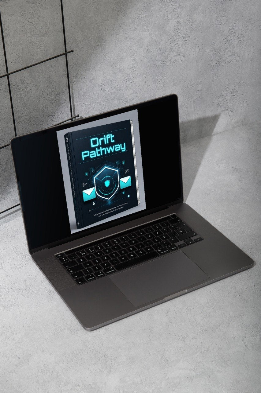 A dark gray laptop on a light gray textured surface, displaying a digital cover graphic that reads 'Free Pack' with a shield icon on the screen.