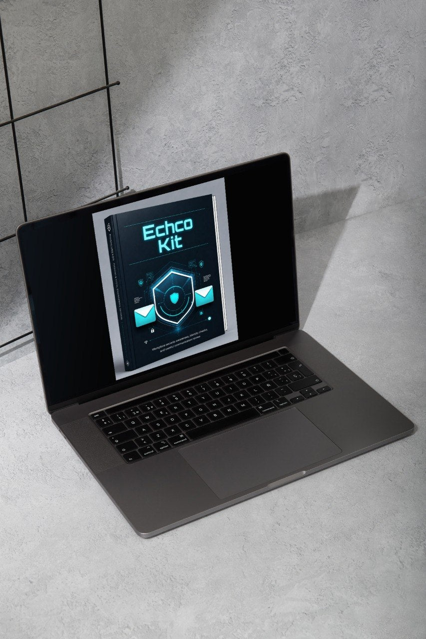 A dark gray laptop on a light gray textured surface, displaying a digital cover graphic that reads 'Free Pack' with a shield icon on the screen.
