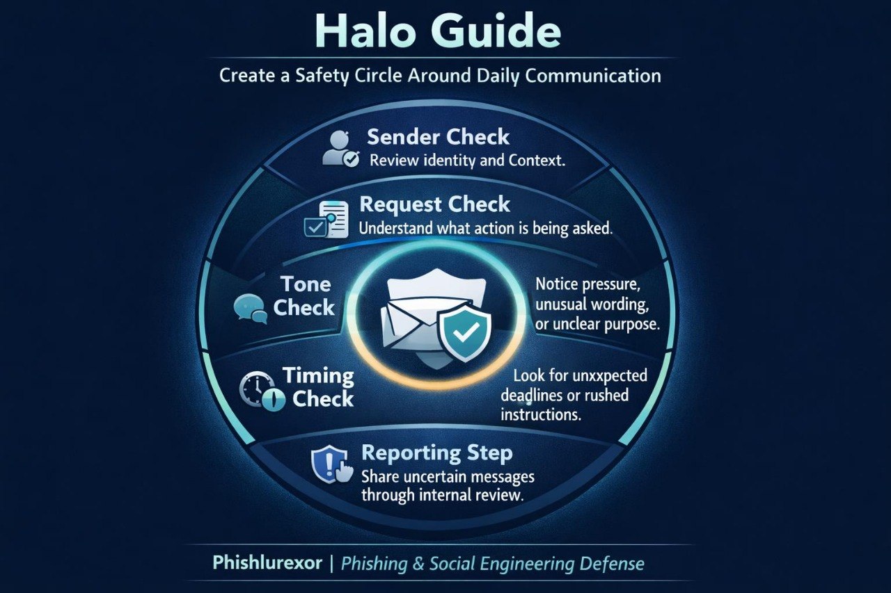 Halo Guide information protection diagram with lock icon and text on a dark background