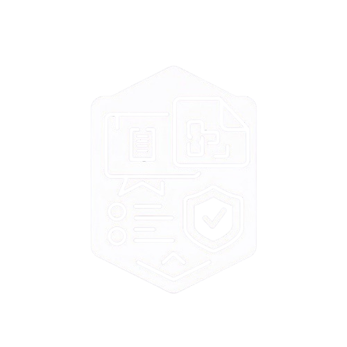 A white hexagonal icon featuring abstract technology and security symbols, including a computer monitor, document, shield, and checkmark, on a solid white background.