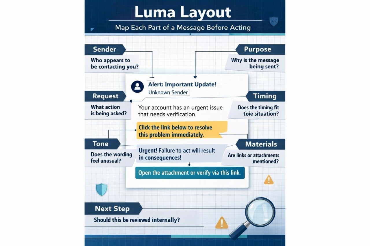 Luma layout information protection diagram with lock icon and text on a dark background