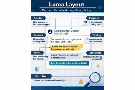 Luma layout information protection diagram with lock icon and text on a dark background