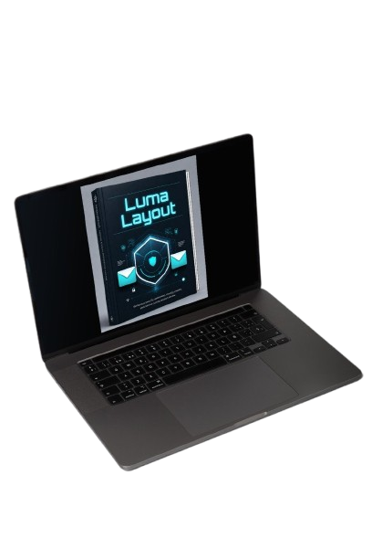 A dark gray laptop shown at an angle on a plain white background, with its screen turned on and displaying the text 'Luma Layout'.