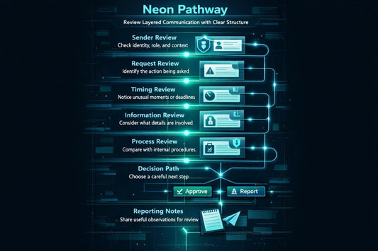 Neon Pathway information protection diagram with lock icon and text on a dark background