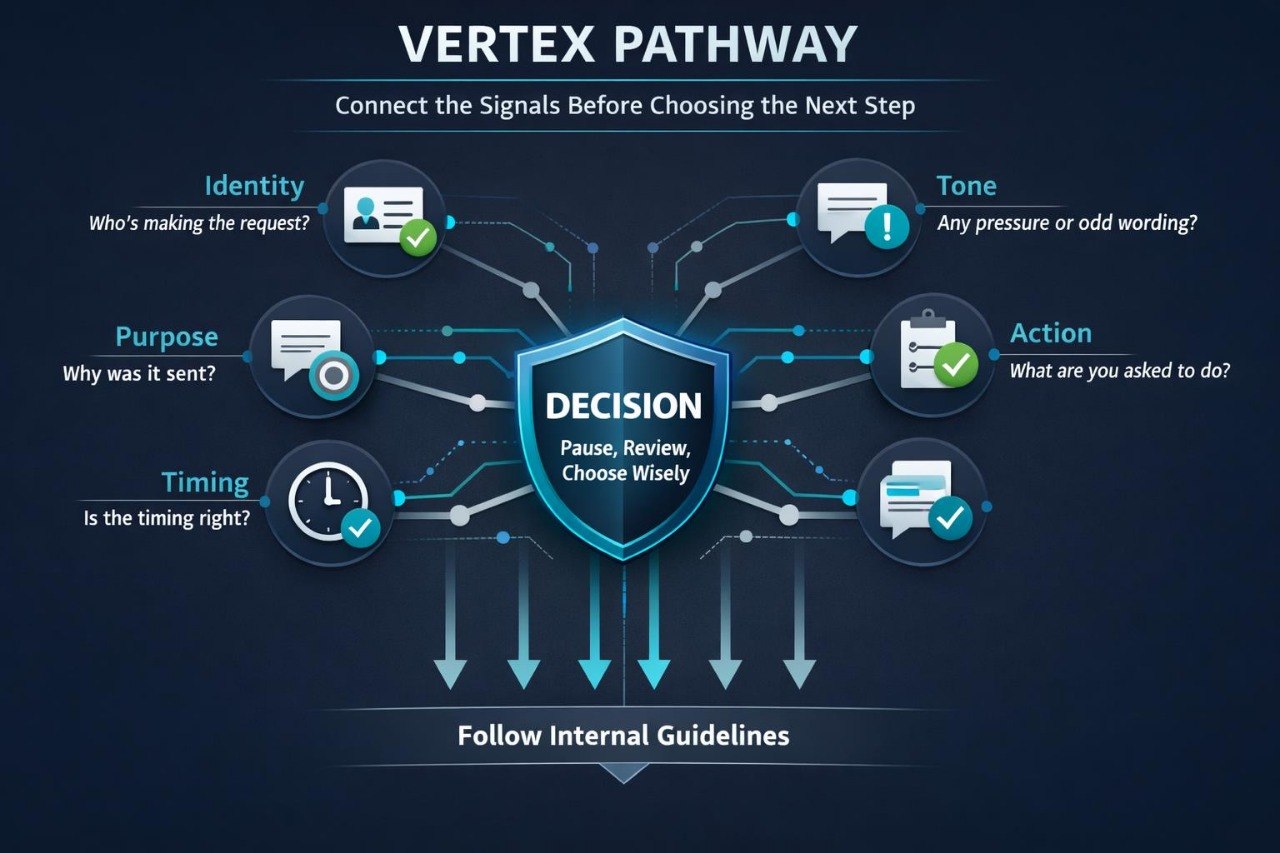 Vertex Pathway information protection diagram with lock icon and text on a dark background